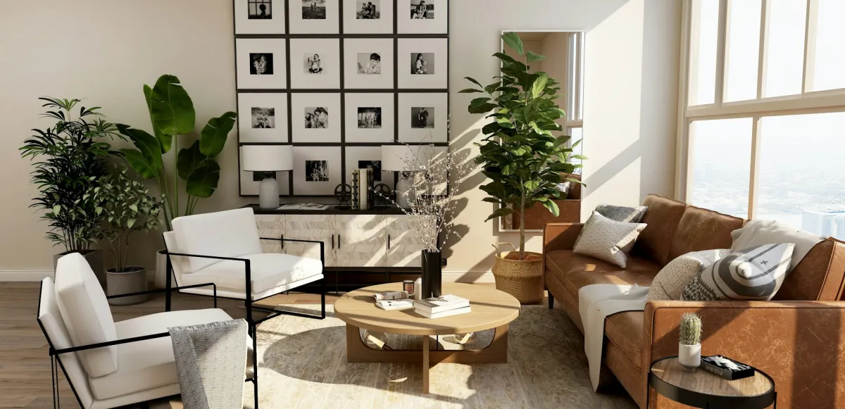Interior de vivienda con tonos cálidos y materiales naturales