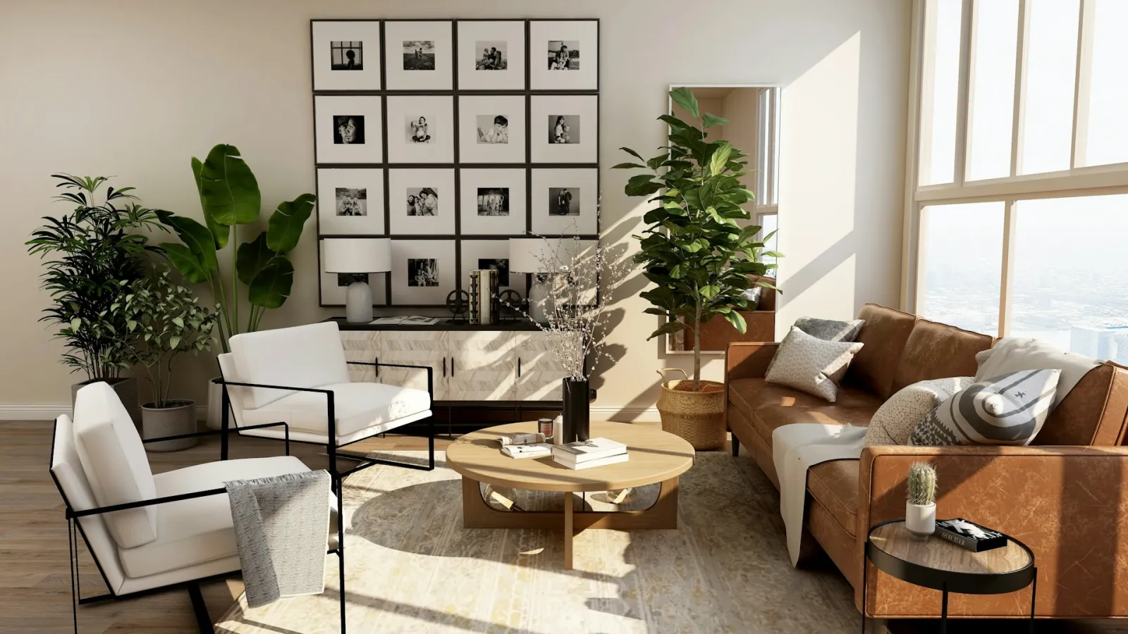 Interior de vivienda con tonos cálidos y materiales naturales